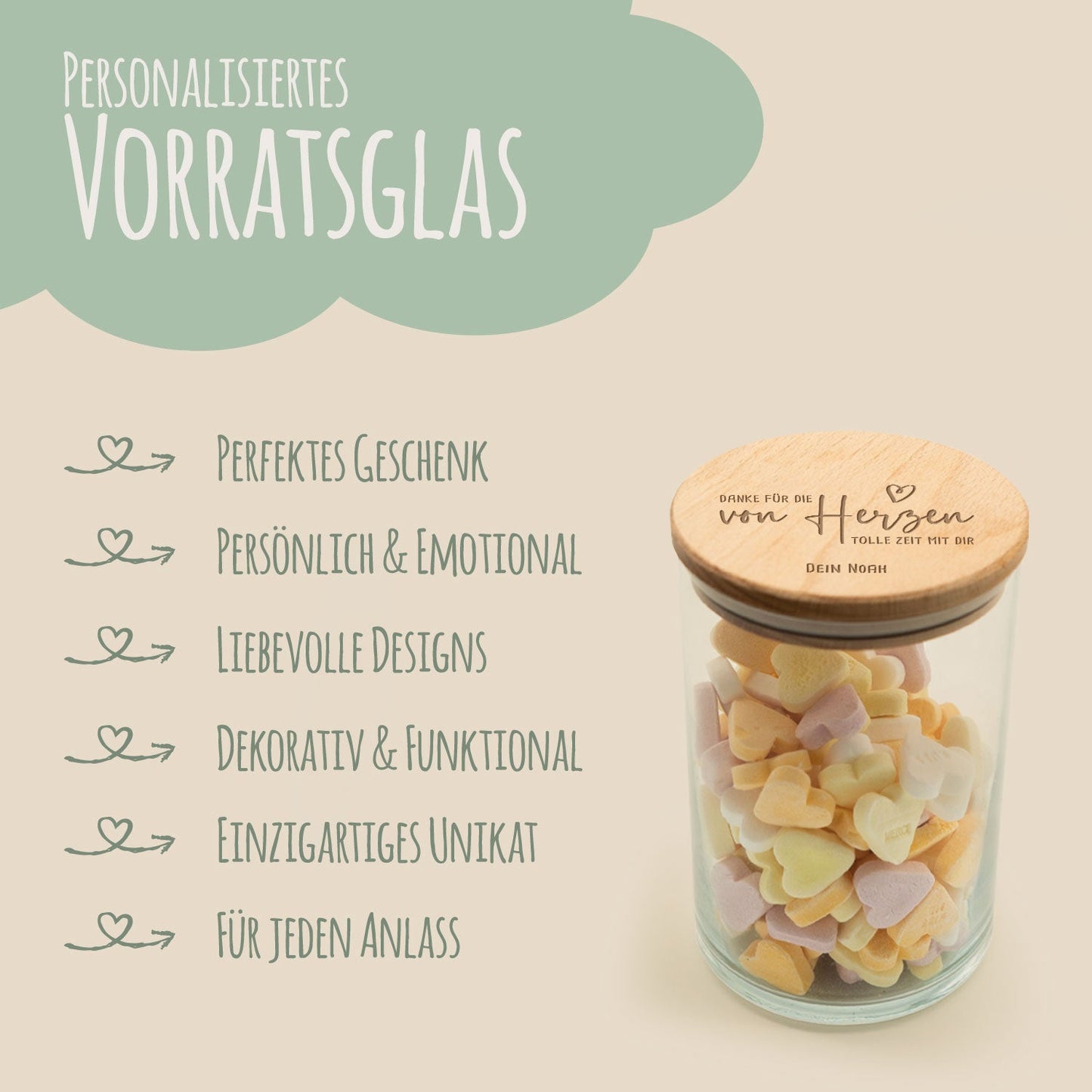 Graviertes Vorratsglas mit Holzdeckel - Danke von Herzen