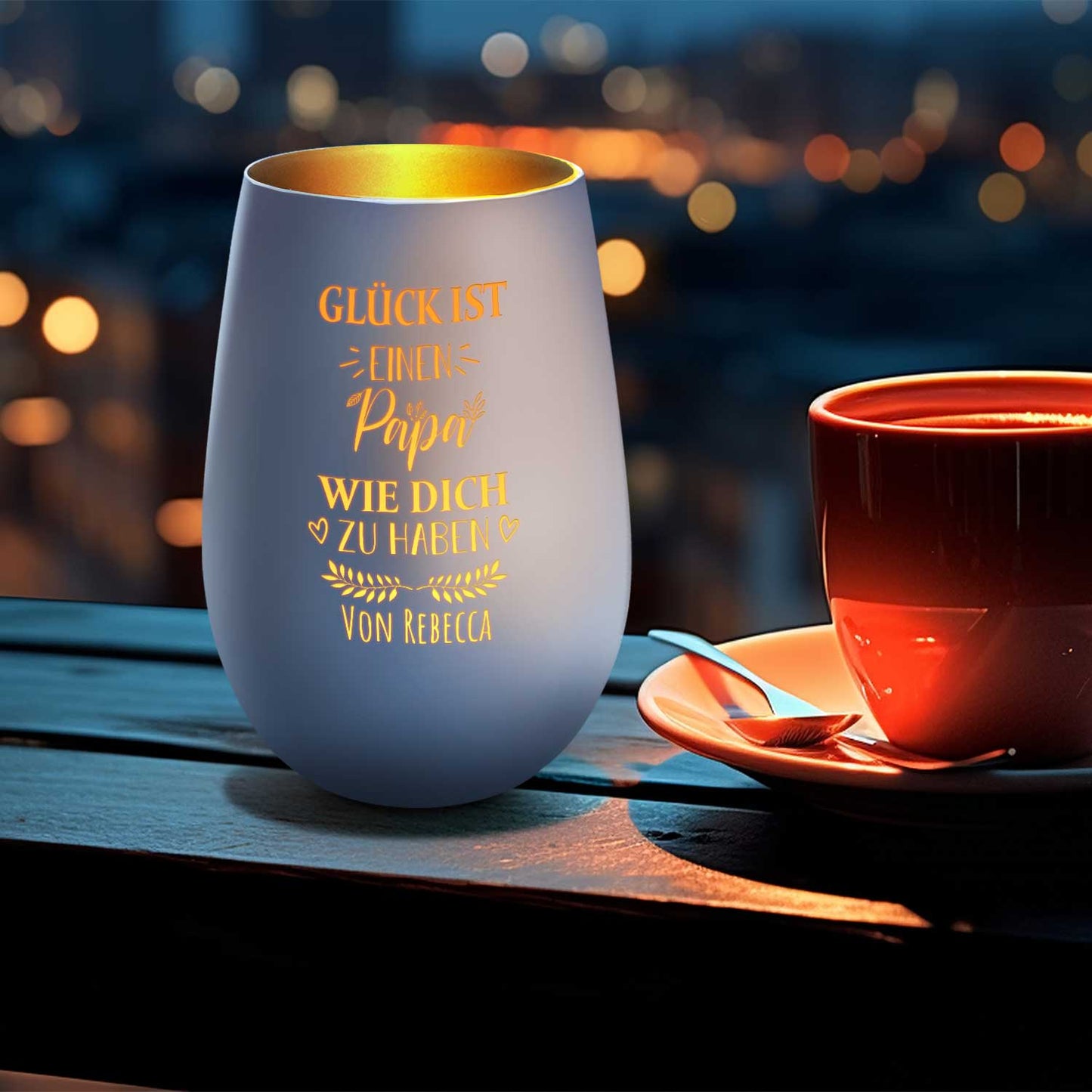 Deko Windlicht aus Glas mit Gravur - Glück ist einen Papa wie Dich zu haben - Personalisiert mit Nam