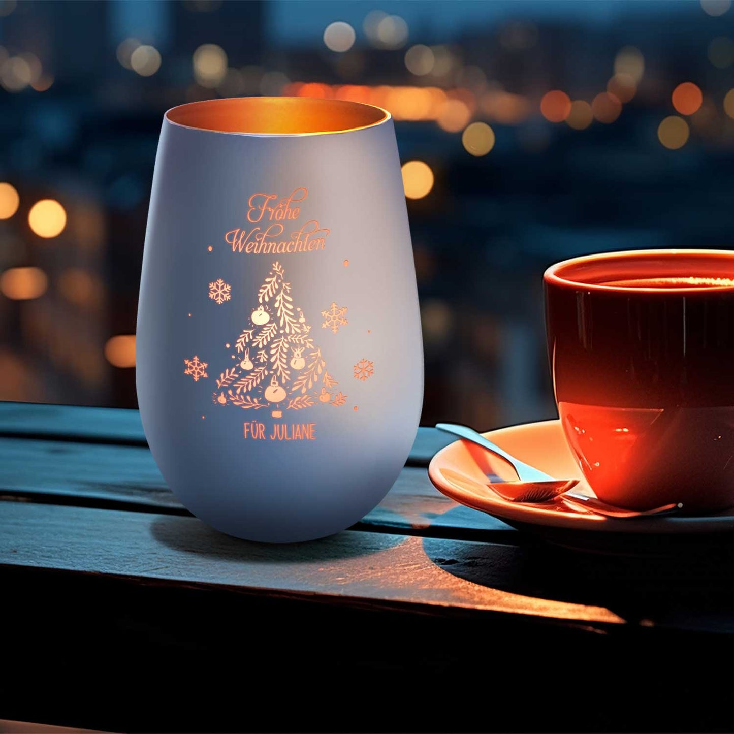 Deko Windlicht aus Glas mit Gravur - Frohe Weihnachten - Personalisiert mit Namen