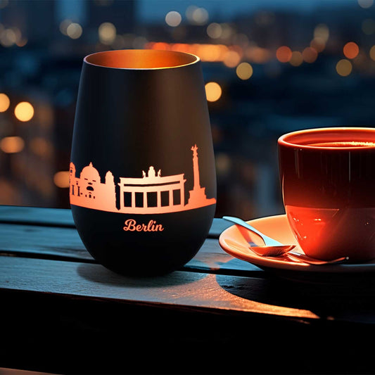 Deko Windlicht aus Glas mit Gravur - Skyline Berlin