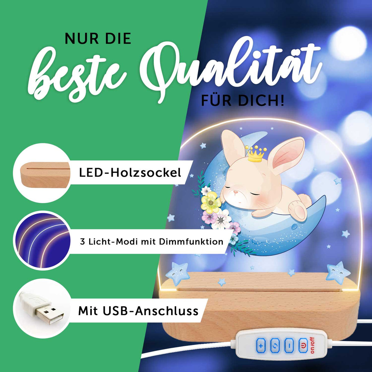 Kinder LED Nachtlicht mit Sockel aus Holz - "Blumenkreis"