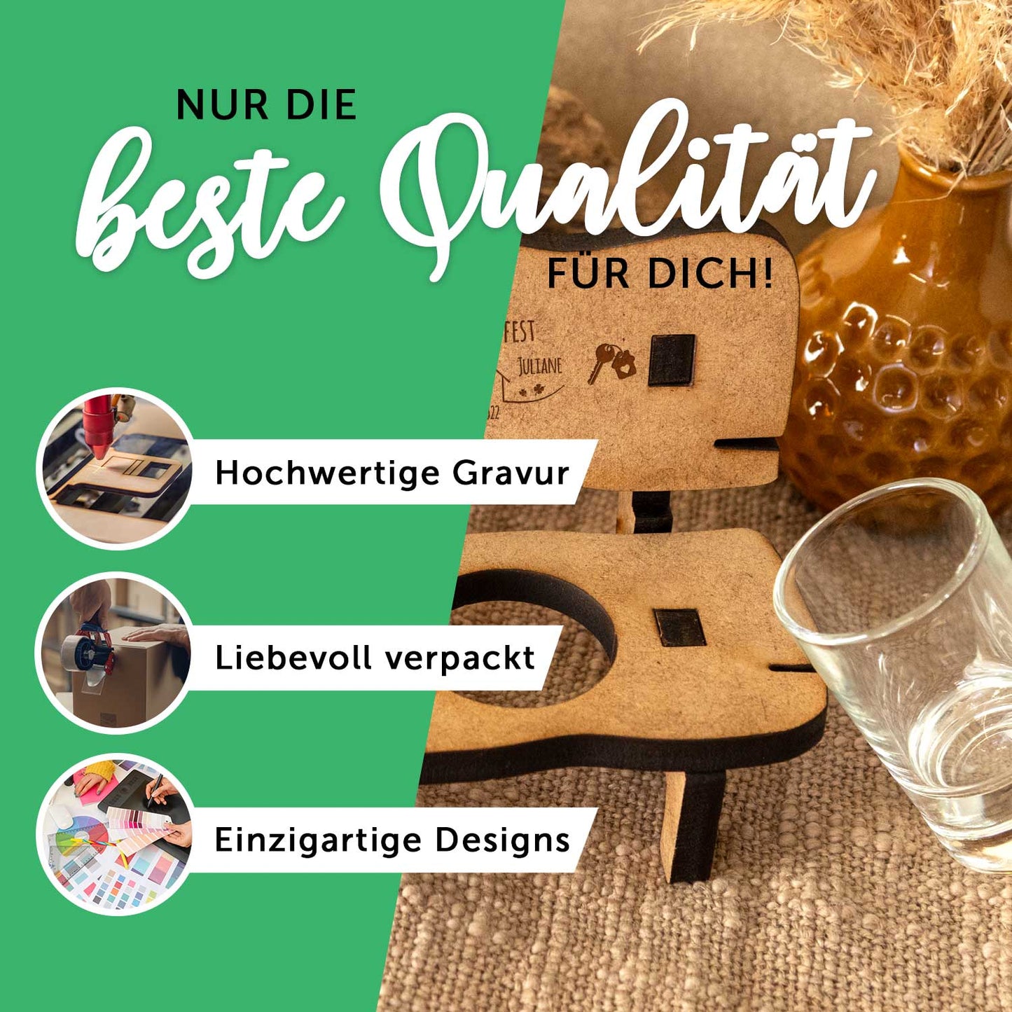 Gravierte Schnapsbank im Mr & Mrs Design + 2 Schnapsgläser
