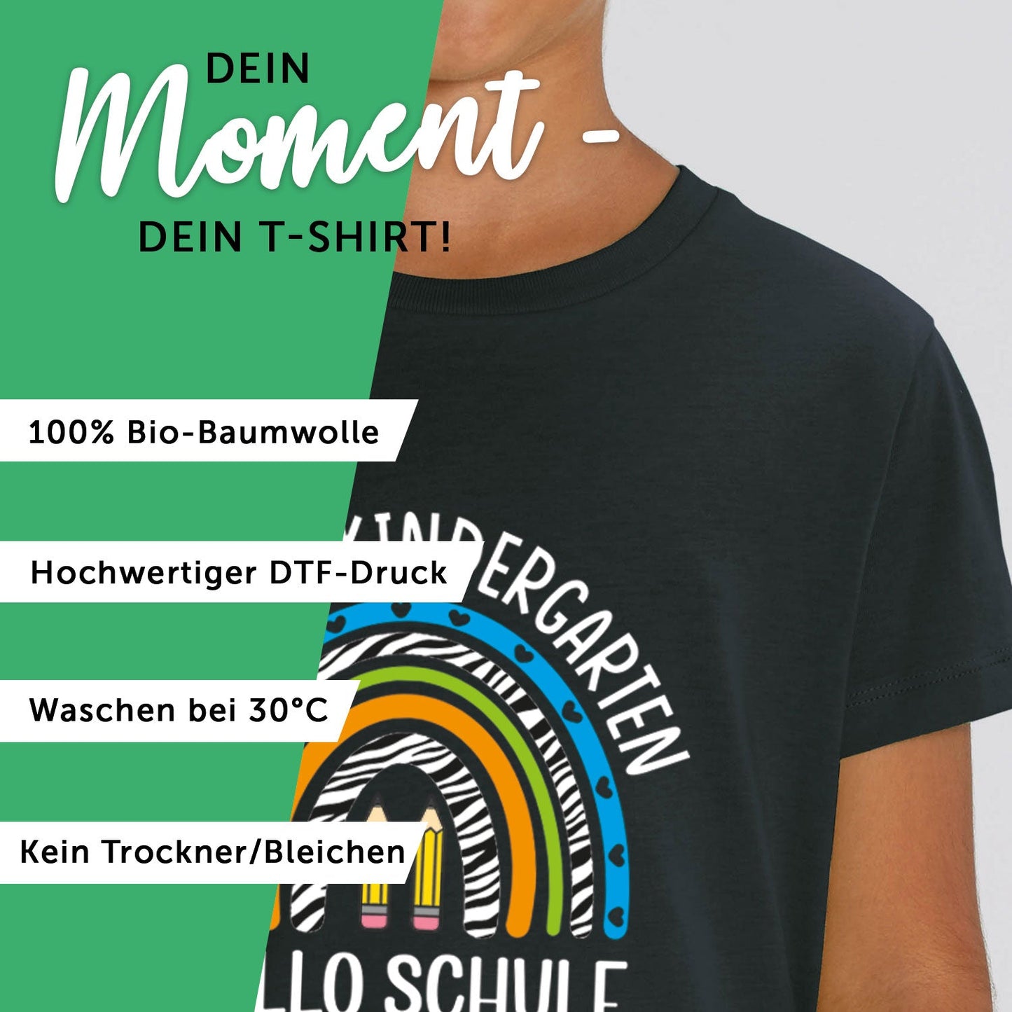 Bedrucktes T-Shirt für Kinder - Tschüss Kindergarten Regenbogen Blau