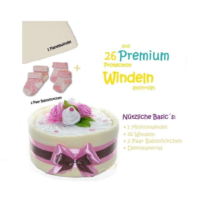 Windeltorte CAKEBOX | Geschenk zur Geburt und Babyparty rosa