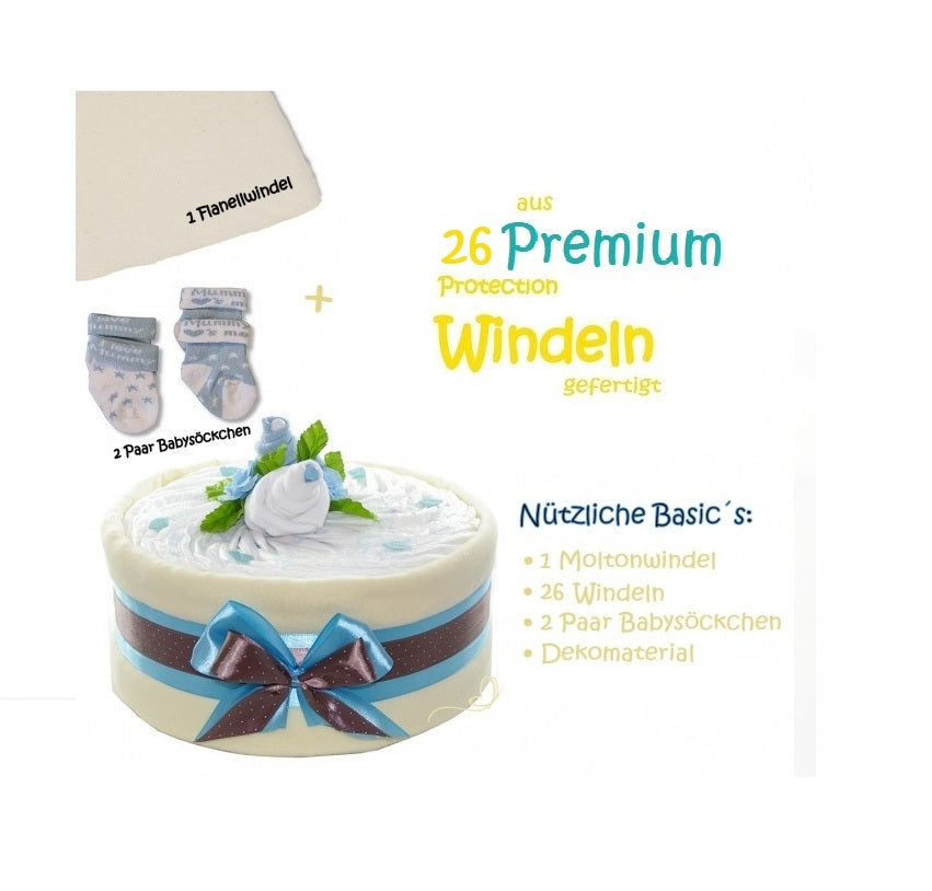 Windeltorte CAKEBOX blau für Jungs | Geschenk zur Baby Shower