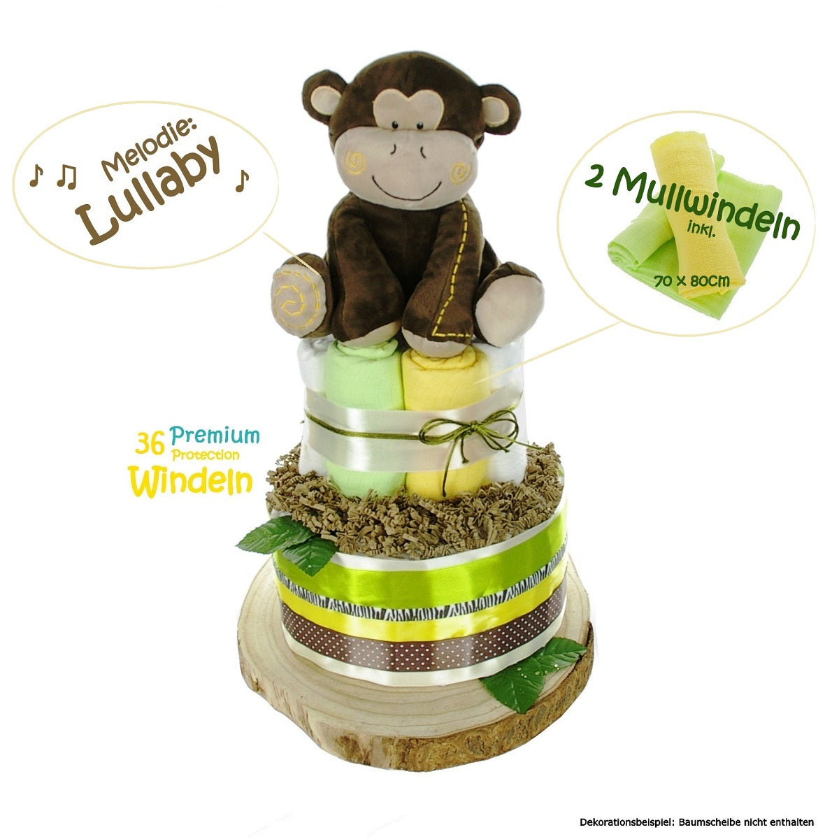 Große Windeltorte SAFARI mit Affen-Spieluhr - Geschenk zur Geburt