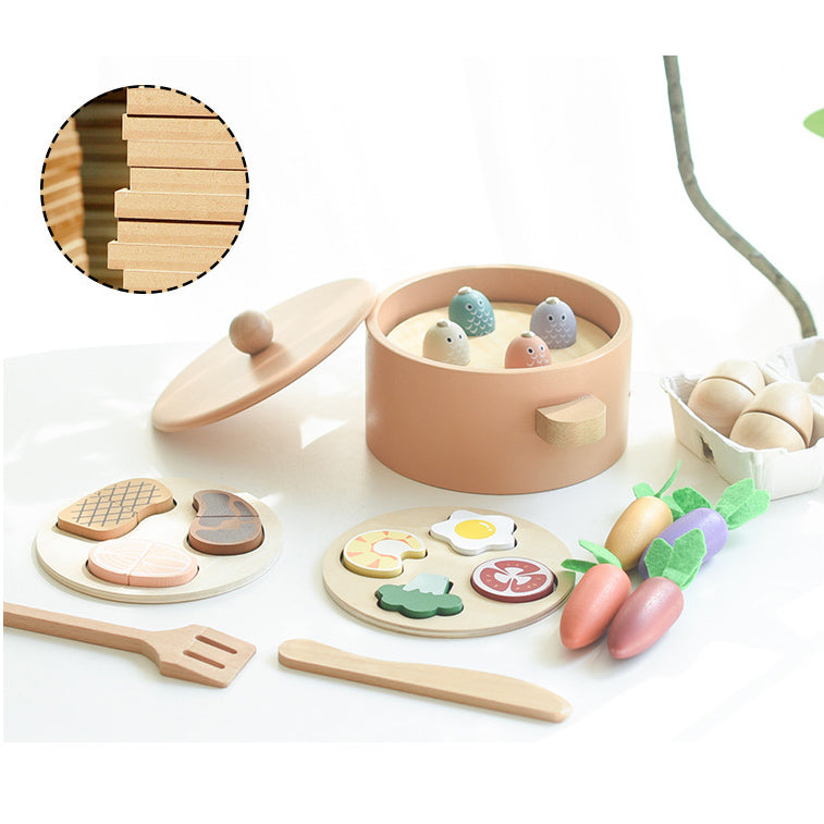 Lebensmittelspielzeug aus Holz mit Kochgeschirr und Utensilien für Kinder ab 24 Monate
