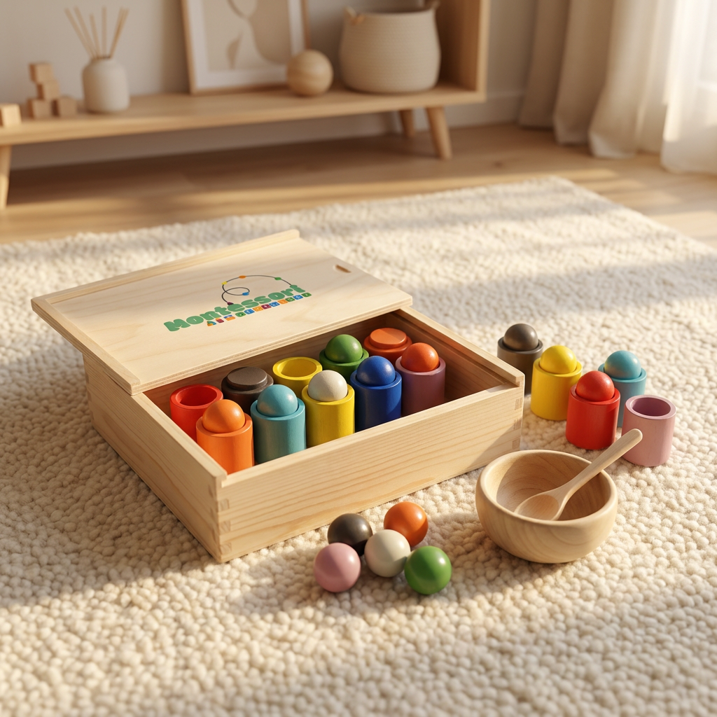 Montessori Kugel Sortier- und Zuordnungsspiel aus Holz mit 12 Farben – Puzzle für Farberkennung - im Holz Geschenkbox