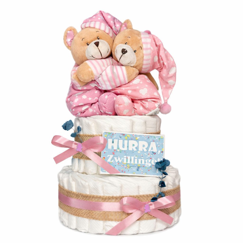Windeltorte Zwillinge Bärenschwestern rosa – 2 Spieluhren