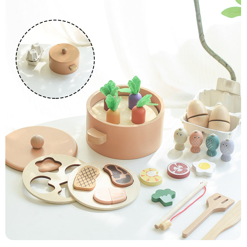Lebensmittelspielzeug aus Holz mit Kochgeschirr und Utensilien für Kinder ab 24 Monate