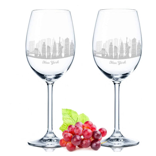 Leonardo Weingläser mit Gravur des New Yorker Skyline im Set, elegante Weingläser von GRAVURZEILE, ideal für Weinliebhaber.