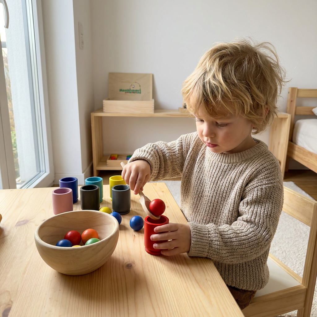 Montessori Kugel Sortier- und Zuordnungsspiel aus Holz mit 12 Farben – Puzzle für Farberkennung - im Holz Geschenkbox