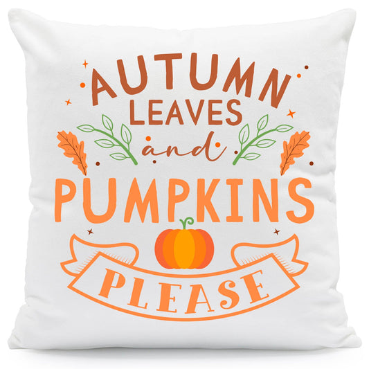 Bedrucktes Kissen mit Spruch Autumn leaves and Pumpkins please