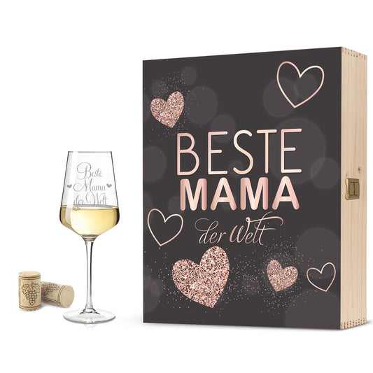 Leonardo Puccini Weißweinglas Beste Mama der Welt inkl. bedruckter Holzkiste + Riesling Tandem