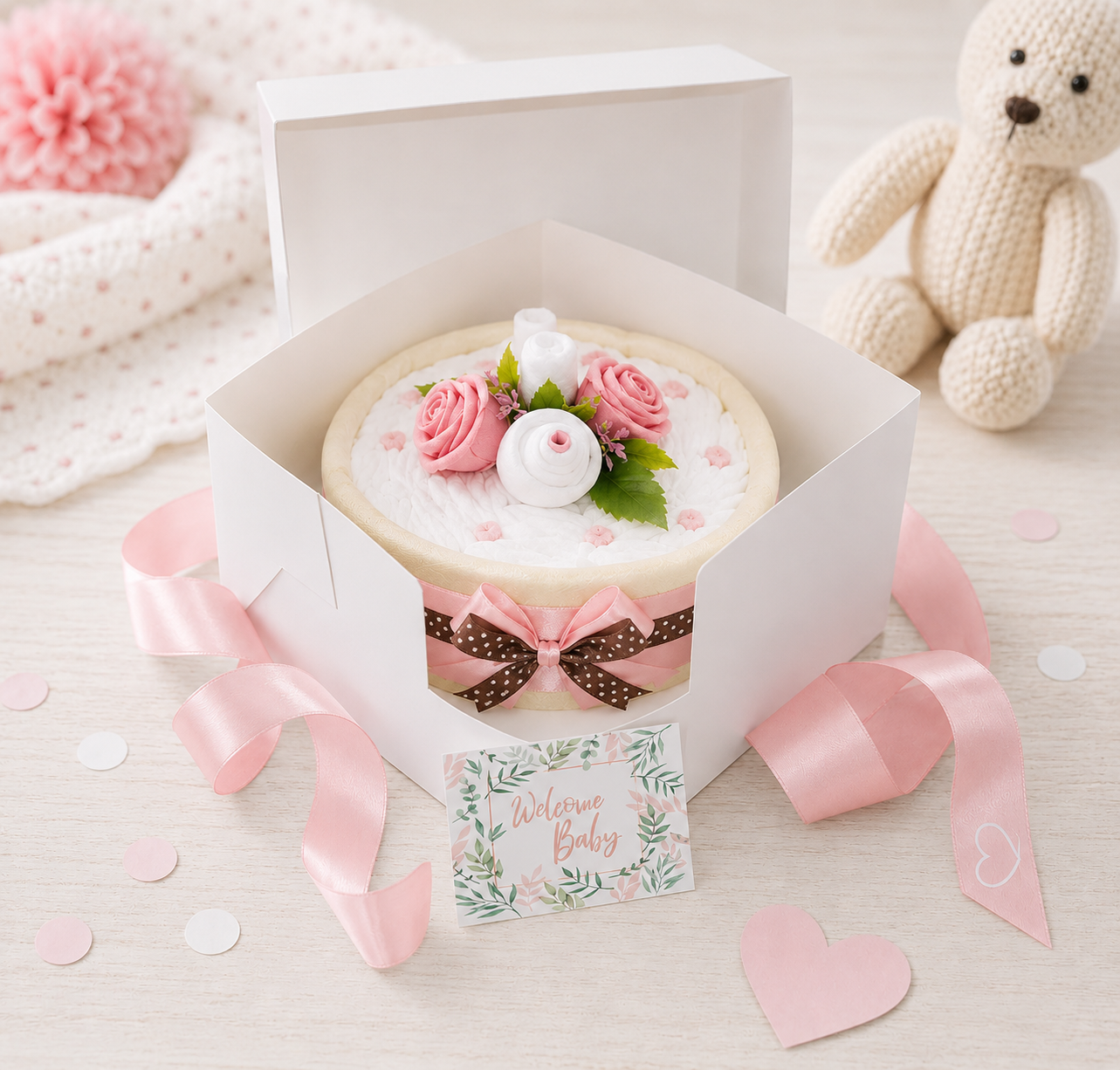 Windeltorte Cakebox rosa – Geschenk zur Geburt & Babyparty
