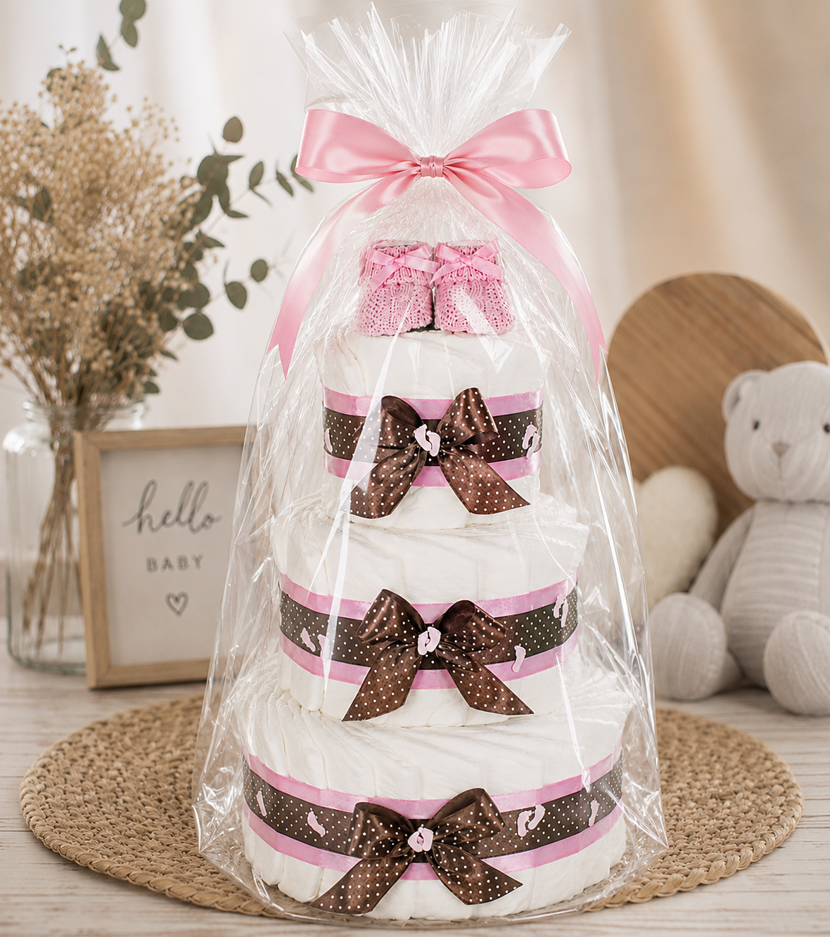 Windeltorte Mädchen 3-stöckig Rosa – Geschenk zur Geburt