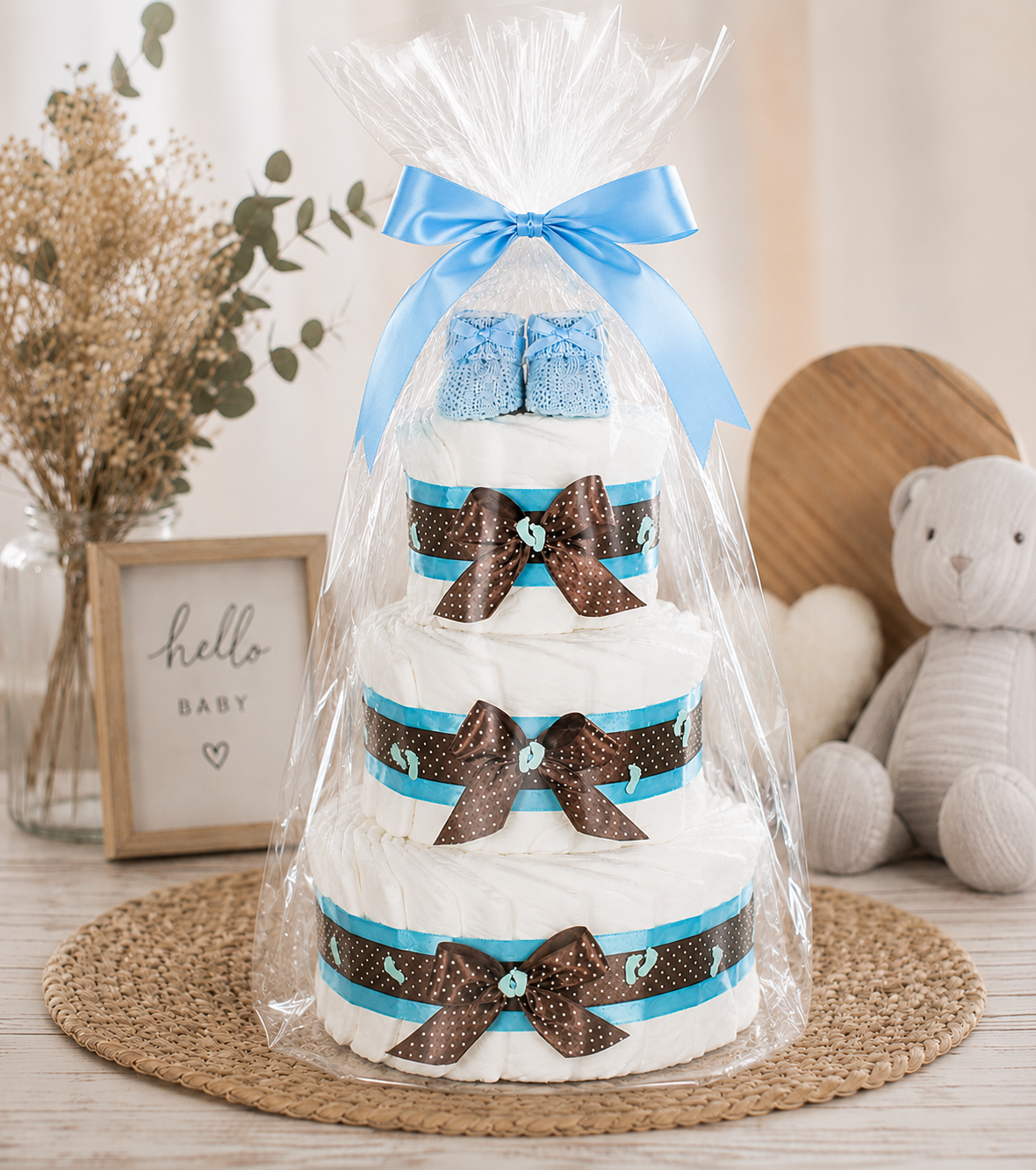 Windeltorte Babybooties blau – Geschenk zur Geburt