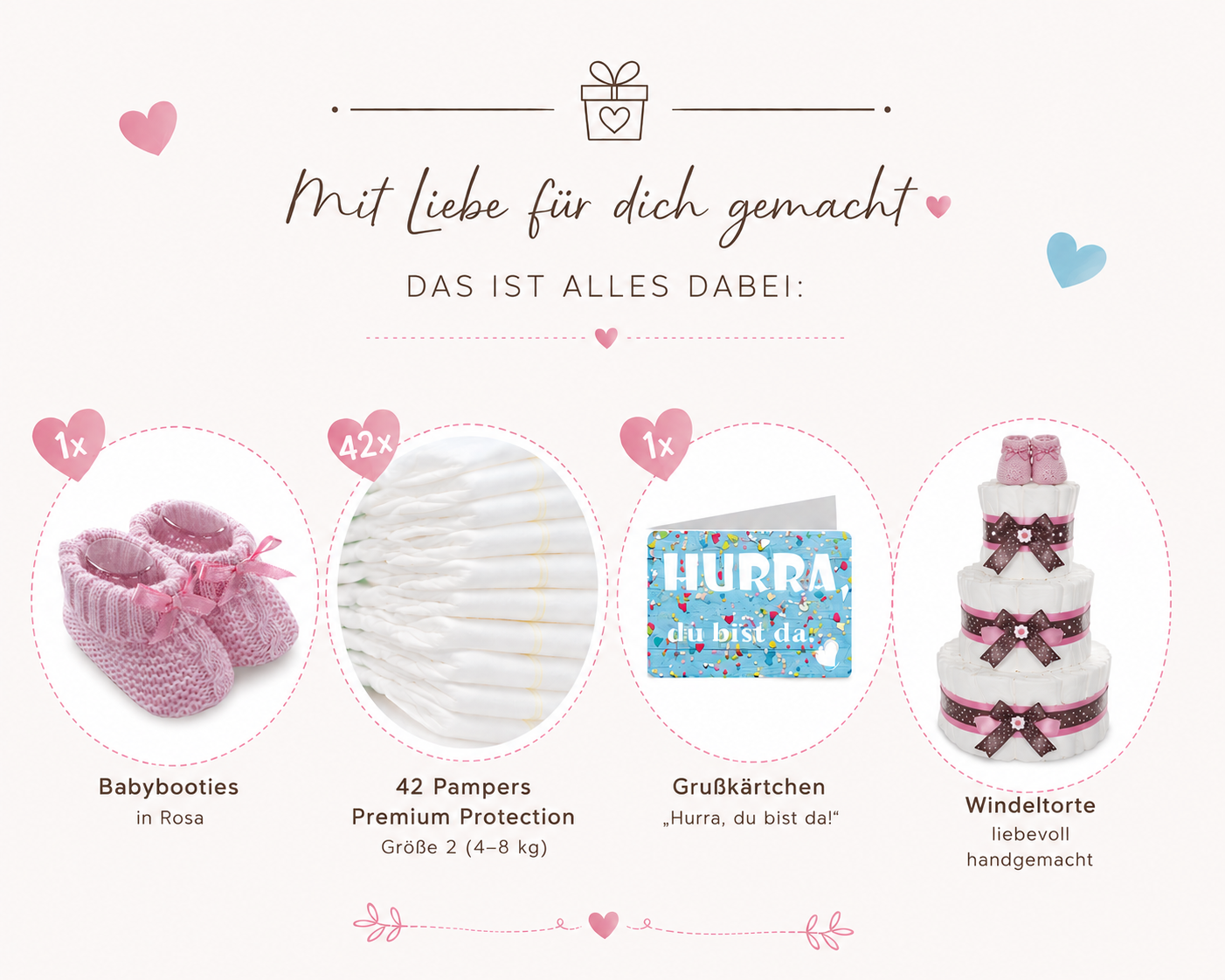 Windeltorte Mädchen 3-stöckig Rosa – Geschenk zur Geburt
