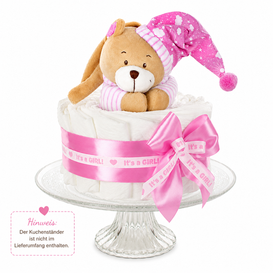 Windeltorte Mädchen rosa mit Teddybär-Spieluhr