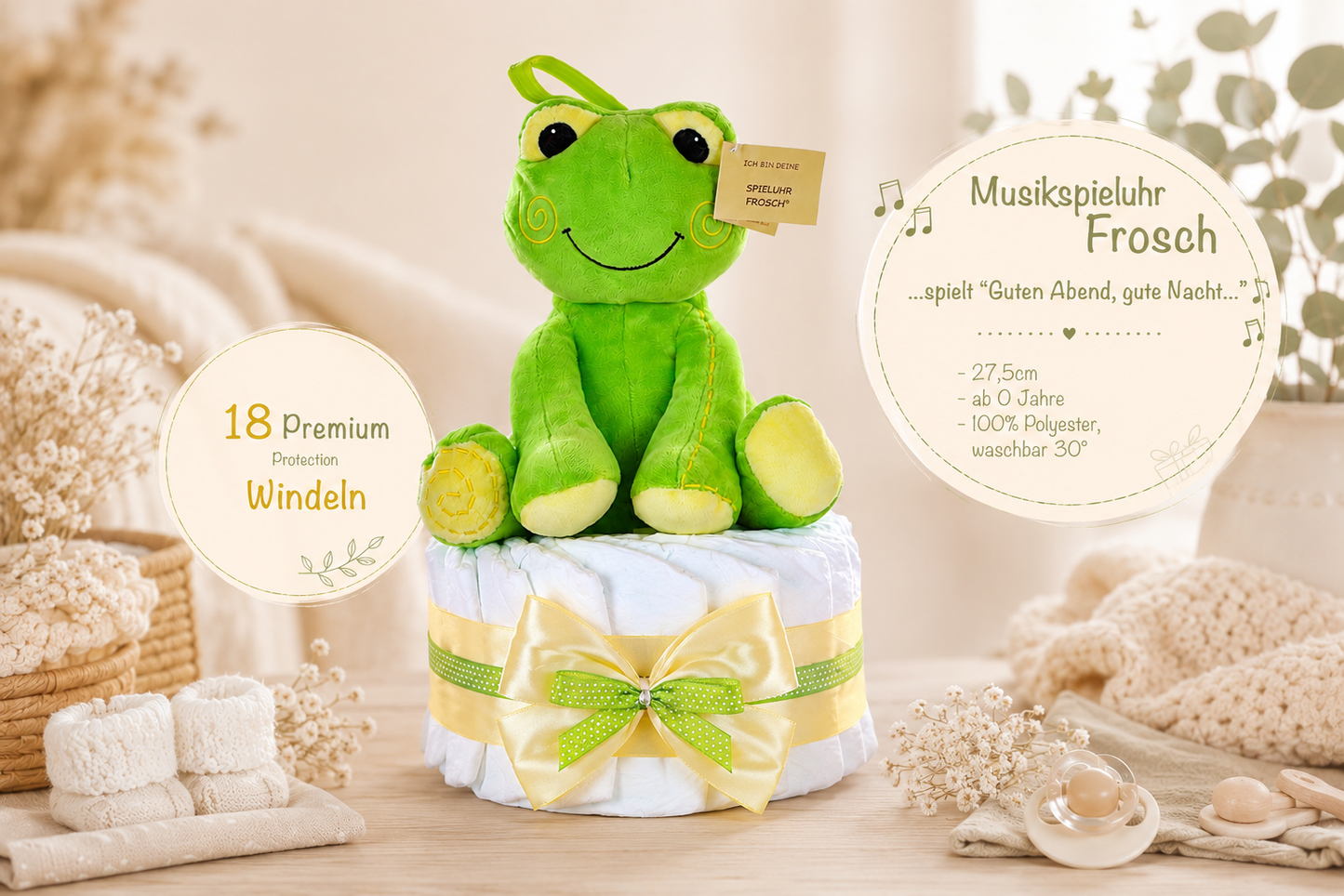 Neutrale Windeltorte mit Spieluhr Frosch zur Geburt