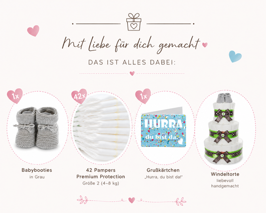 Windeltorte grün mit Babybooties – Geschenk zur Geburt