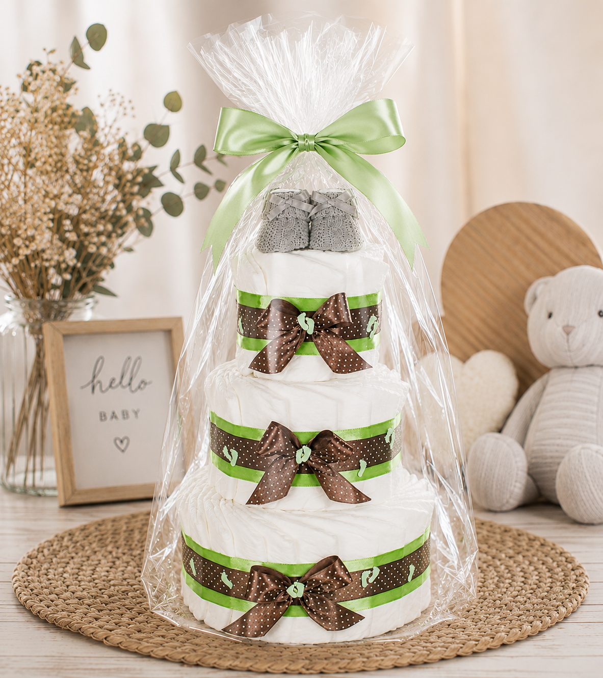 Windeltorte grün mit Babybooties – Geschenk zur Geburt