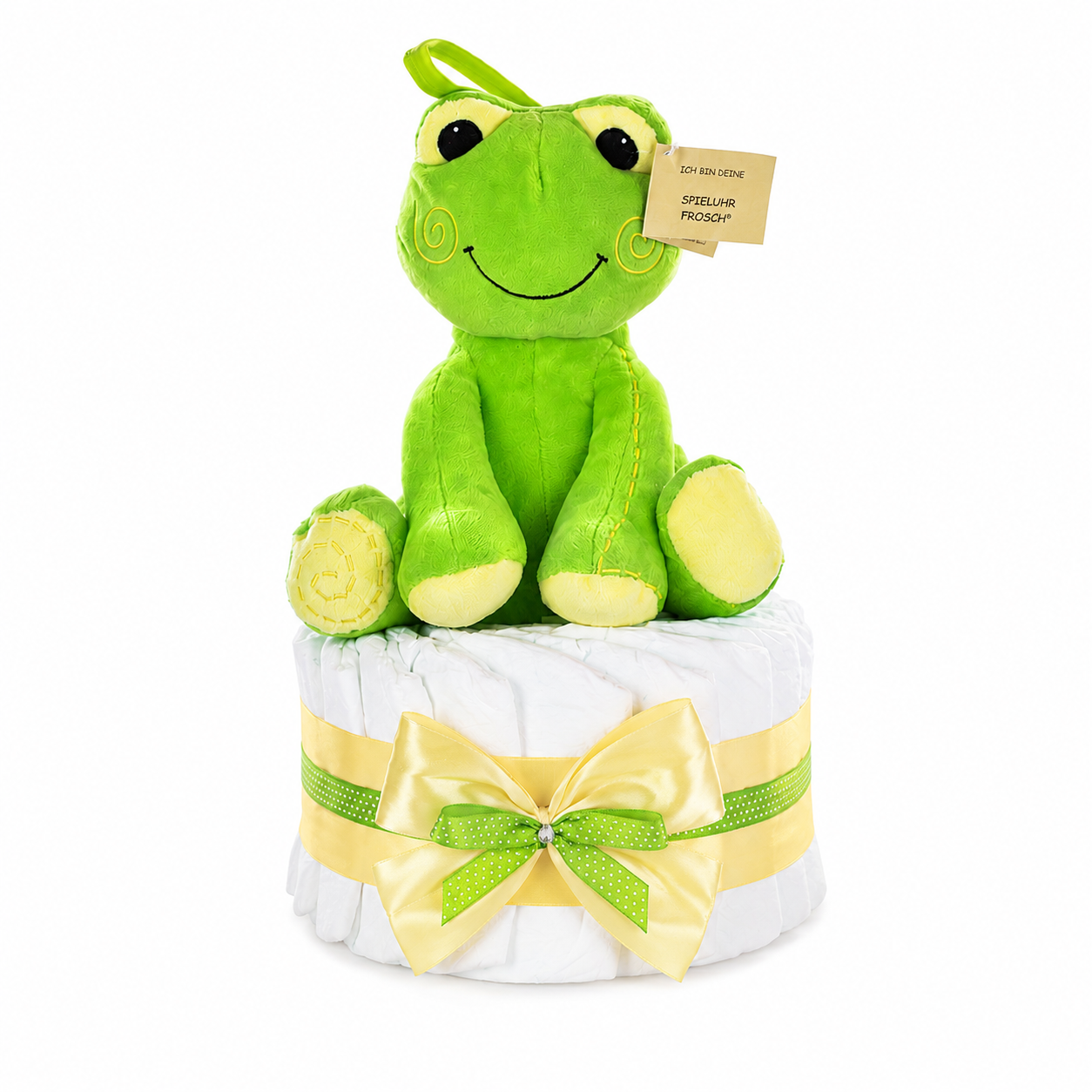 Neutrale Windeltorte mit Spieluhr Frosch zur Geburt