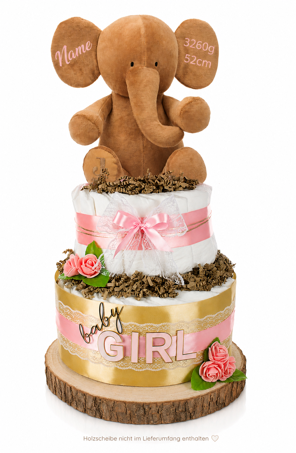 Große Windeltorte LITTLE PEANUT rosa mit Kuschelelefant