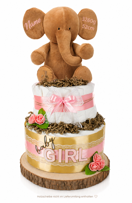 Große Windeltorte LITTLE PEANUT rosa mit Kuschelelefant