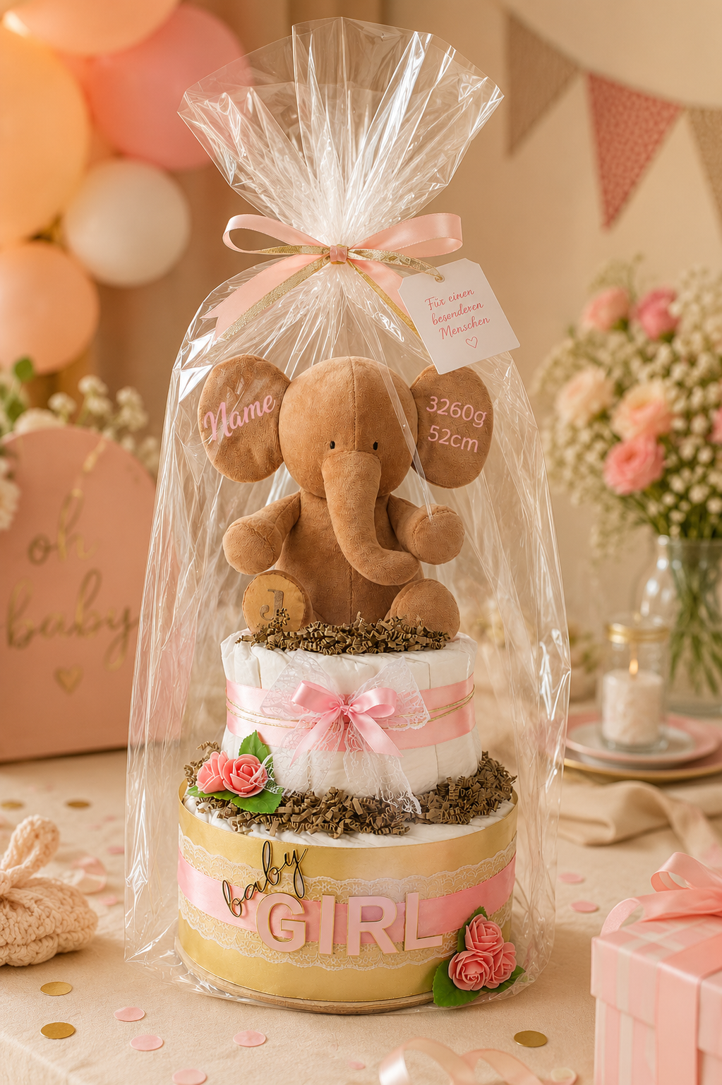 Große Windeltorte LITTLE PEANUT rosa mit Kuschelelefant