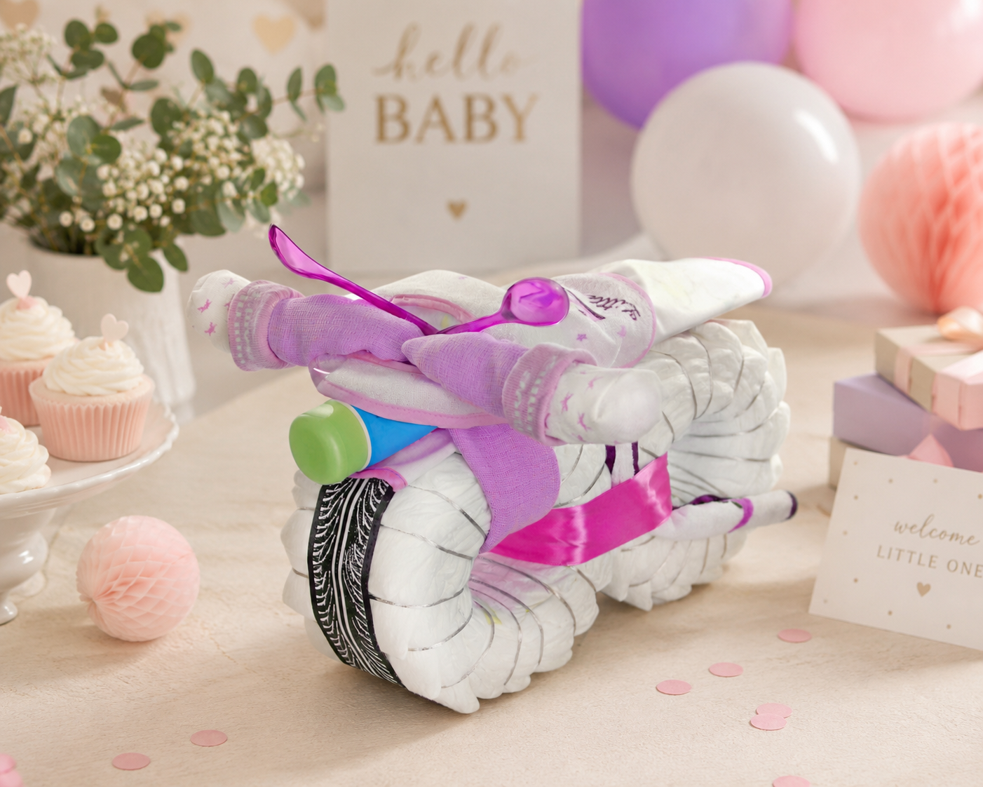 Windelmotorrad ROCKSTAR – Windeltorte rosa für Mädchen