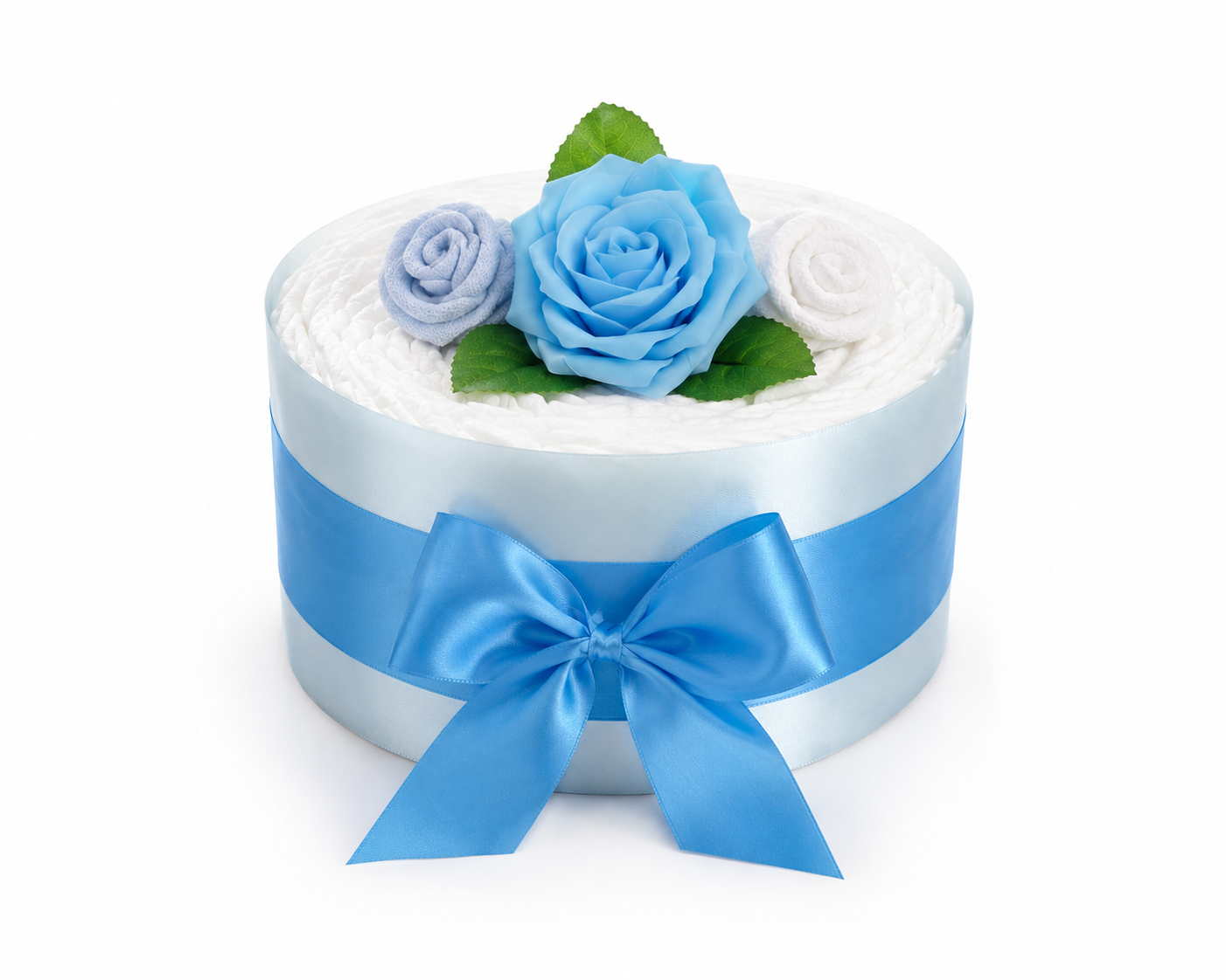 Windeltorte Rosenblüte in Blau – Geschenk zur Geburt