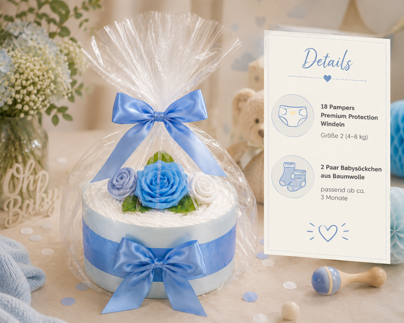 Windeltorte Rosenblüte in Blau – Geschenk zur Geburt