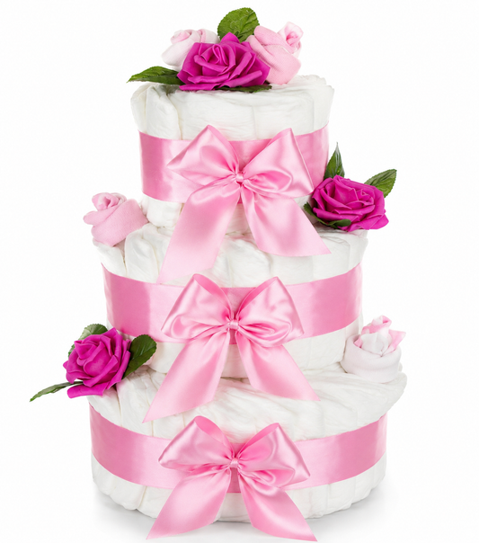 Große Windeltorte Rosenblüte 3-stöckig rosa