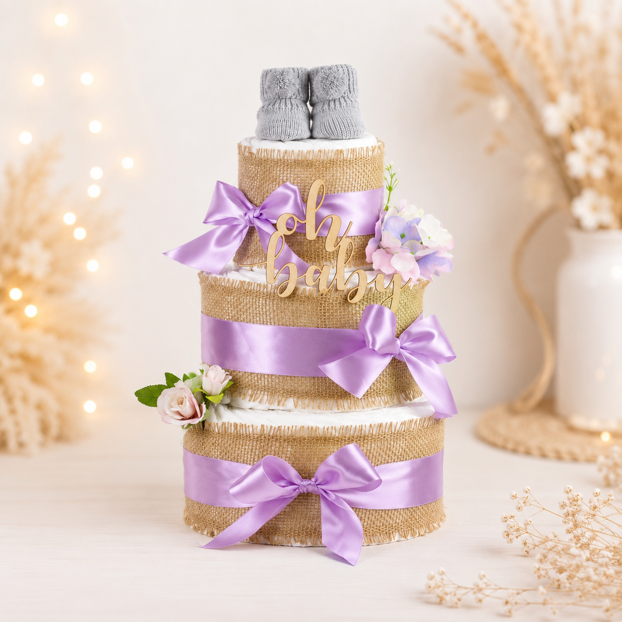 Windeltorte Alles Jute Flieder – Boho Geschenk zur Geburt