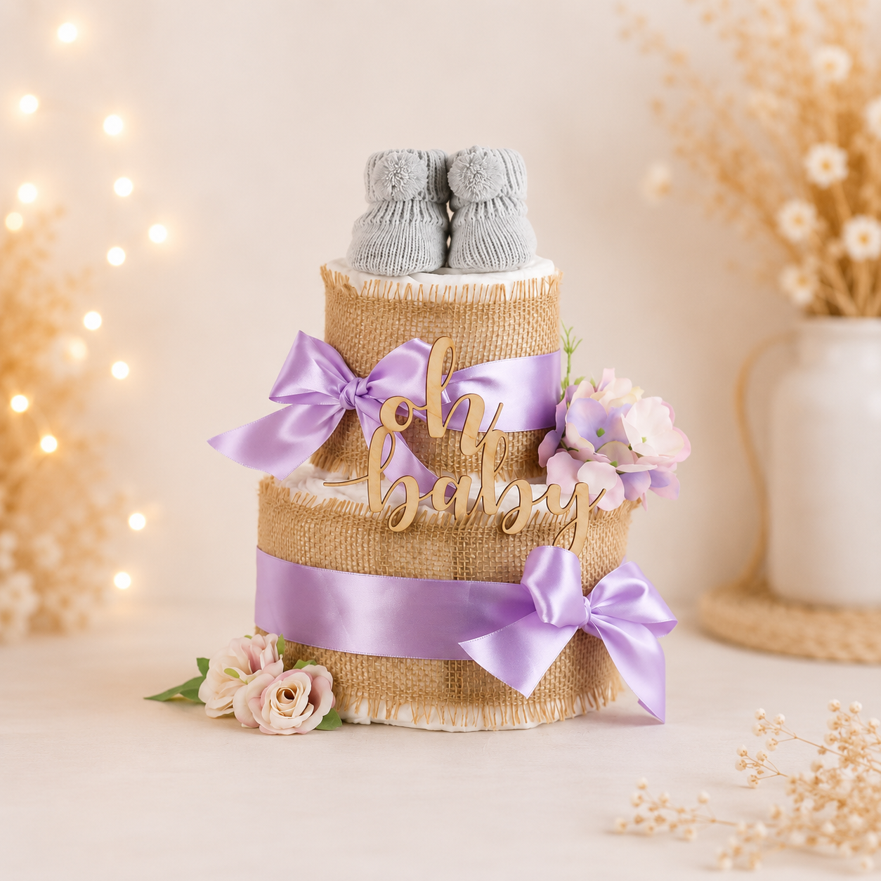 Windeltorte Alles Jute in Plum – Boho-Geschenk zur Geburt