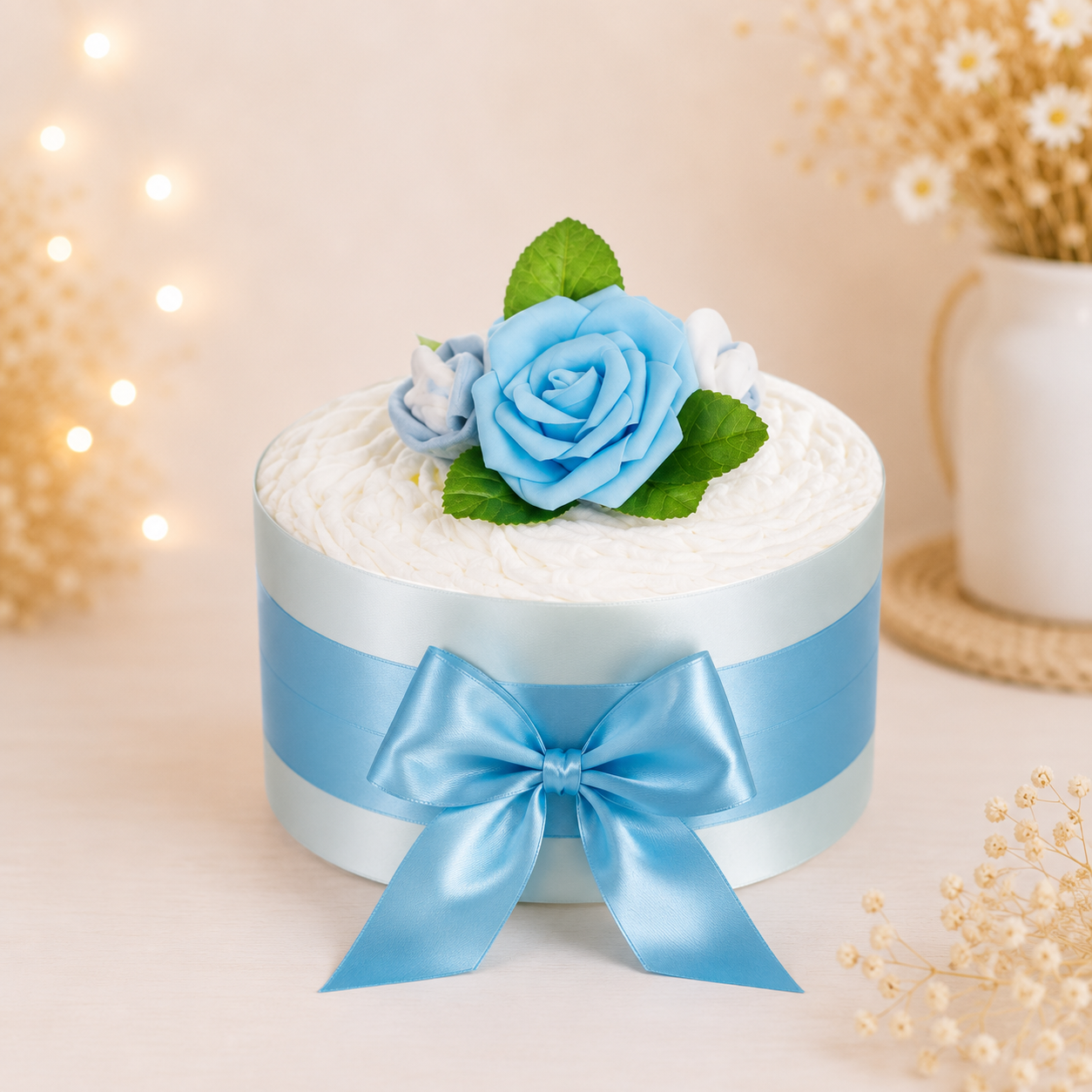 Windeltorte Rosenblüte in Blau – Geschenk zur Geburt