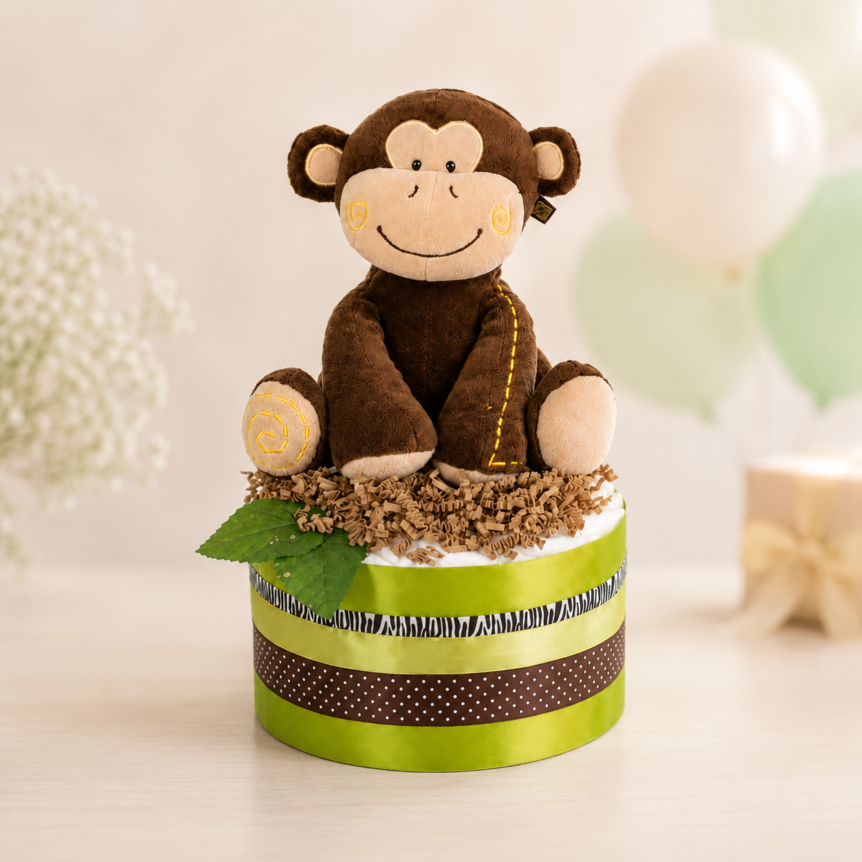 Windeltorte SAFARI mit Affen-Spieluhr – Geschenk zur Geburt