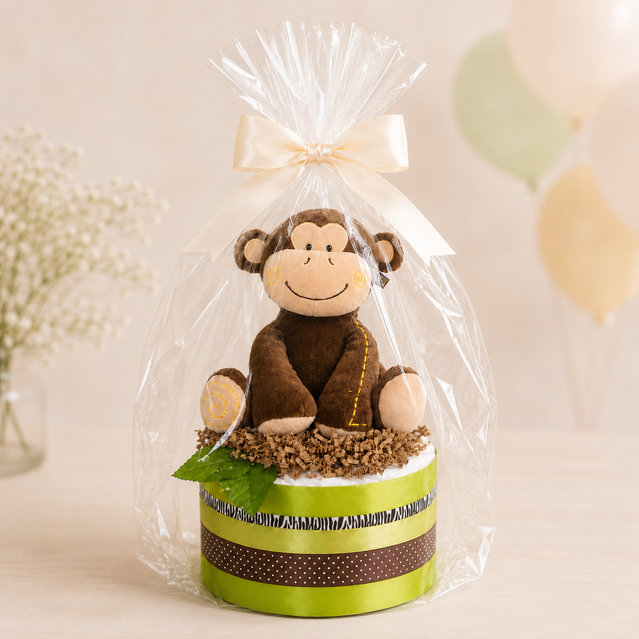 Windeltorte SAFARI mit Affen-Spieluhr – Geschenk zur Geburt