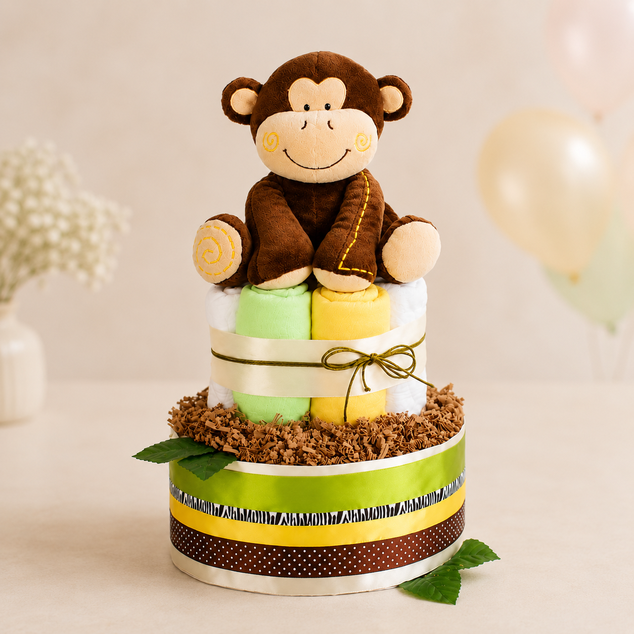 Windeltorte Safari mit Affen-Spieluhr – Geschenk zur Geburt