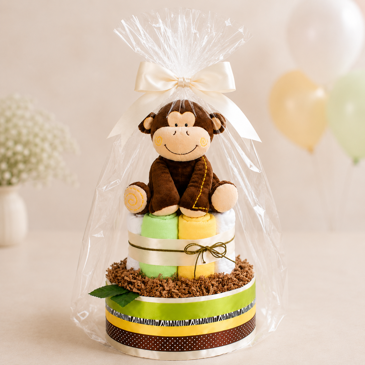 Windeltorte Safari mit Affen-Spieluhr – Geschenk zur Geburt