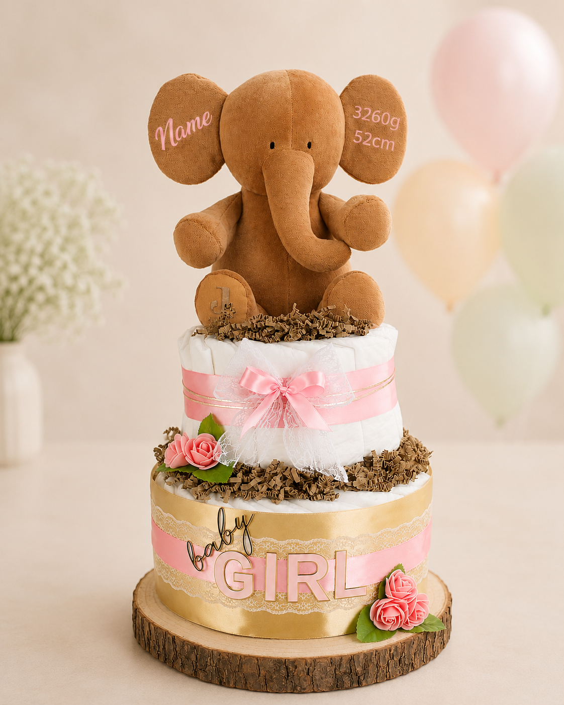 Große Windeltorte LITTLE PEANUT rosa mit Kuschelelefant