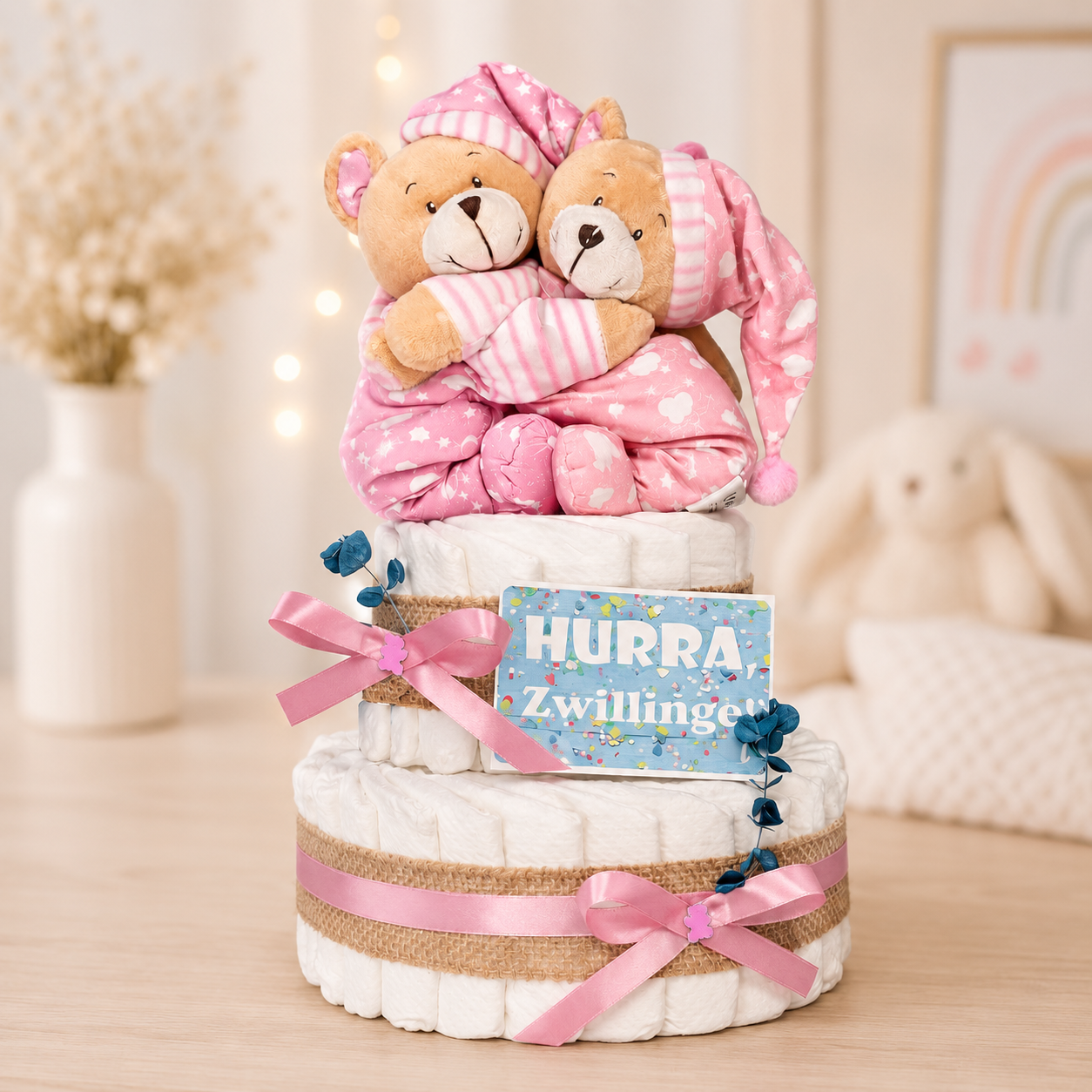 Windeltorte Zwillinge Bärenschwestern rosa – 2 Spieluhren