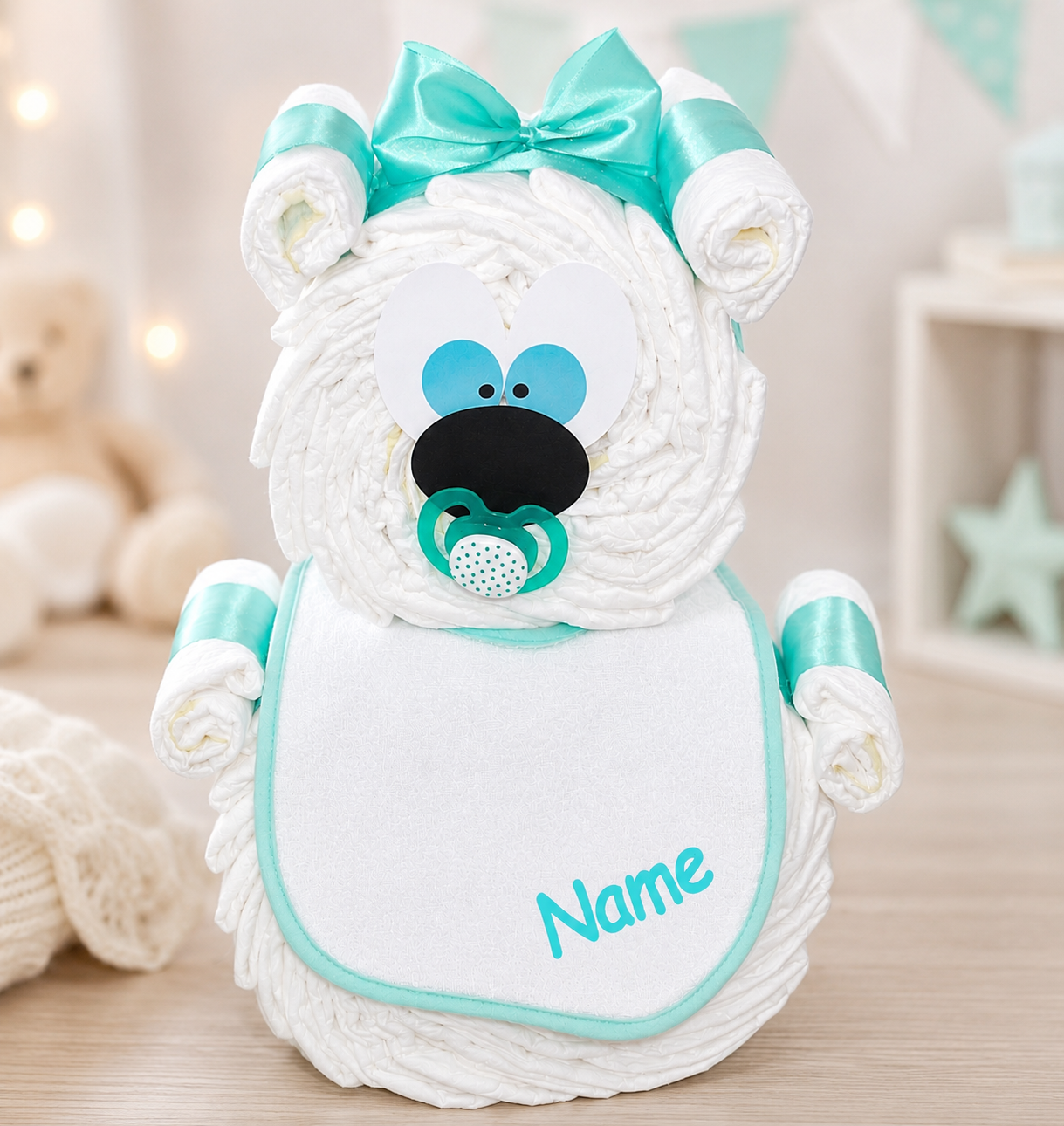 Windeltorte Bär türkis – Geschenk zur Geburt & Babyparty