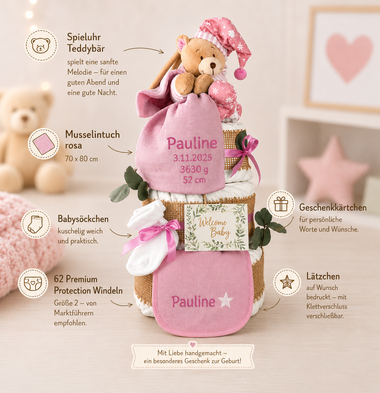 Windeltorte Rosa mit Spieluhr Bär – personalisierbar