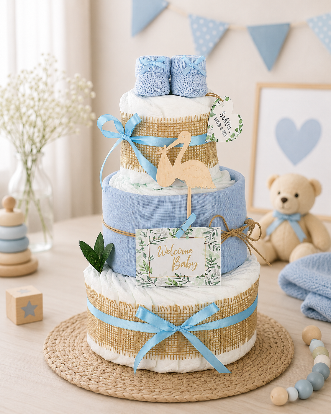 Windeltorte Storch blau – Geschenk zur Geburt Junge