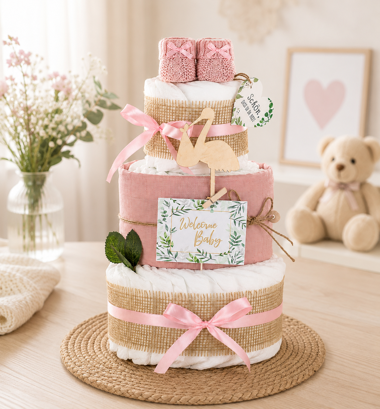 Windeltorte Storch rosa – liebevolles Geschenk zur Geburt