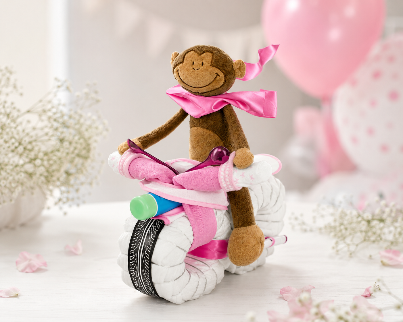 Windelmotorrad rosa – Windeltorte Geschenk zur Geburt
