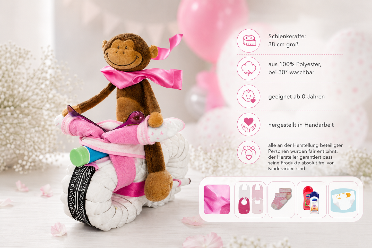 Windelmotorrad rosa – Windeltorte Geschenk zur Geburt