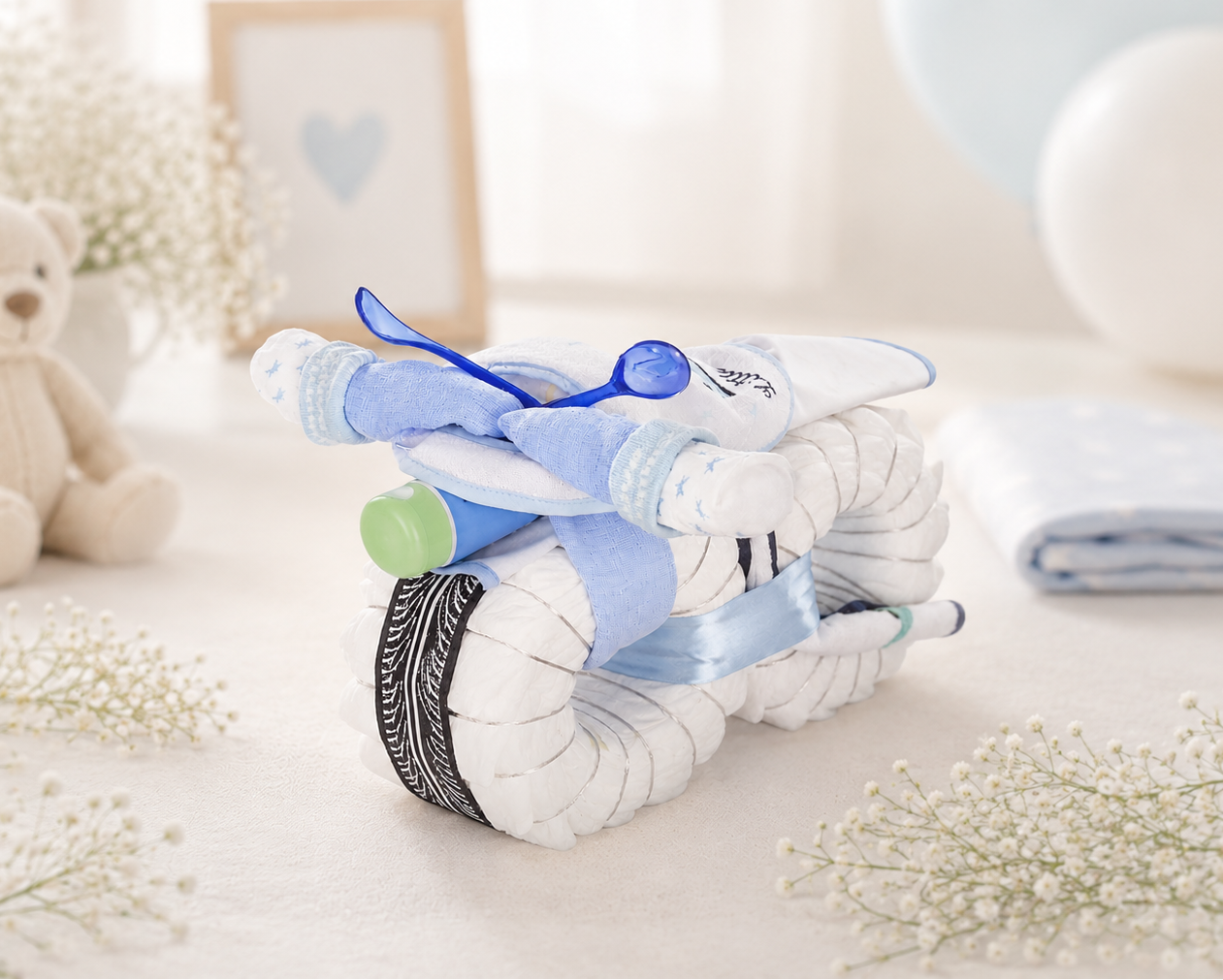 Windelmotorrad ROCKSTAR blau – Windeltorte zur Geburt